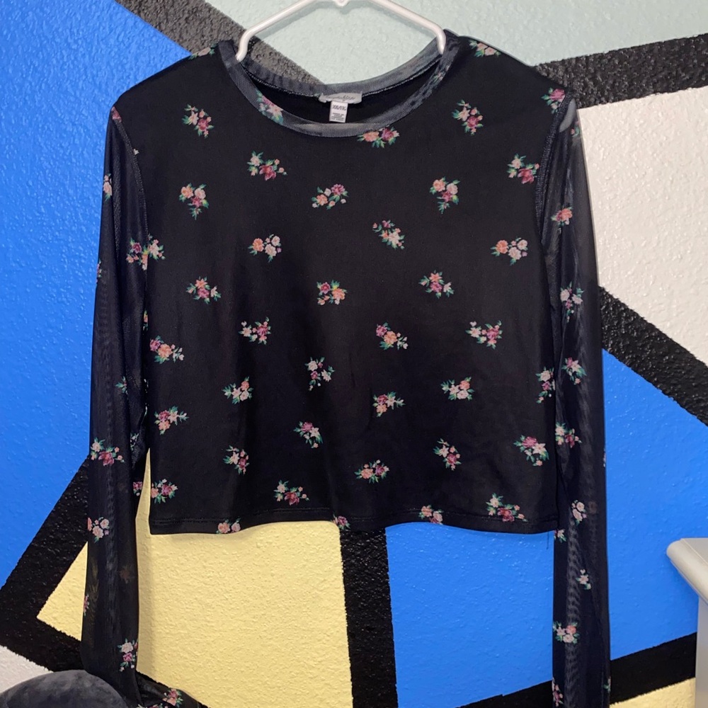 Black floral mesh long sleeve top